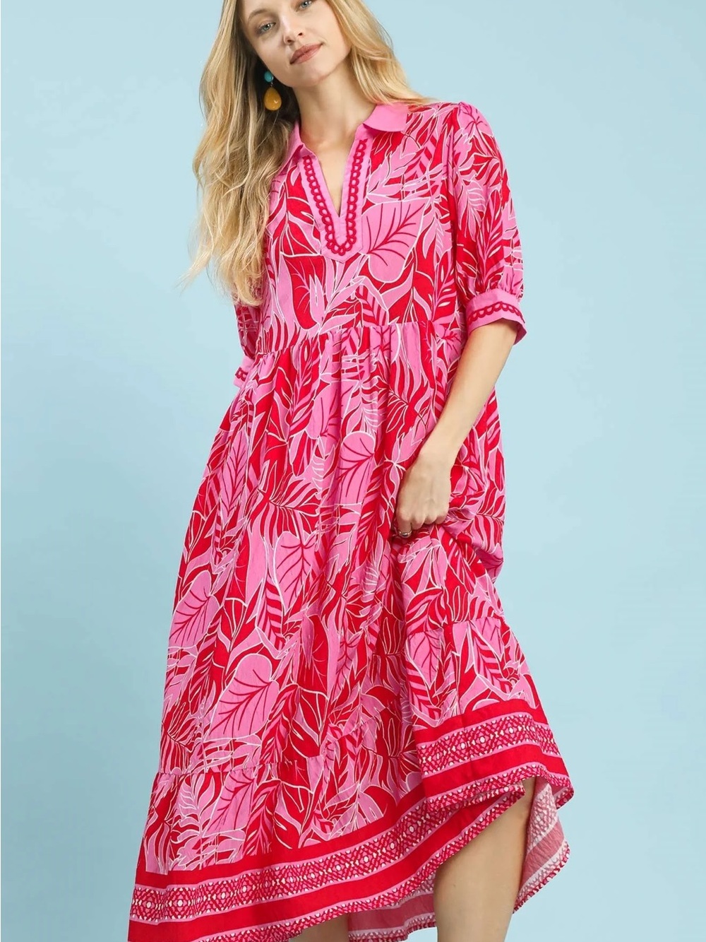 Umgee Pink & Red Leaf-Print Maxi Dress